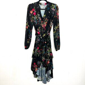 Parker Midi Dress Black Colorful Floral Button Down Long Sleeve Belted 4 Small